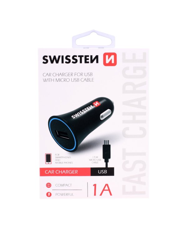 Swissten Автомобильная зарядка 12 / 24V / 1A + кабель Micro USB 1.5m