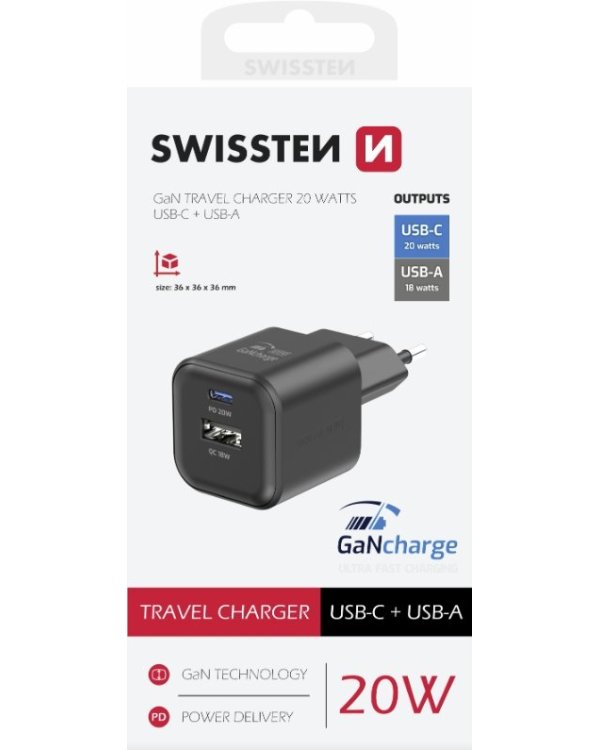 Swissten 3арядное устройство GaN USB-C 20W PD / USB-A 18W QC