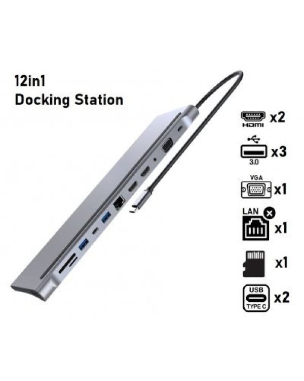 Mocco 12in1 Док станция для портативного компьютера / 2 x HDMI / 1 x USB 3.0 / USB-C / RJ45 / SD / Micro SD / VGA / PD / Audio / Серый