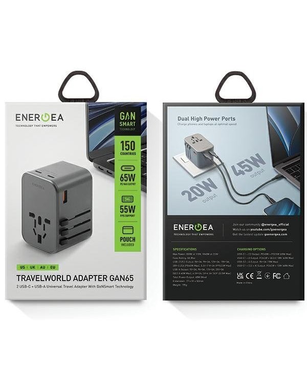 Energea TravelWorld GaN65 USB-C PD 65 Вт + универсальный адаптер PPS 55 Вт