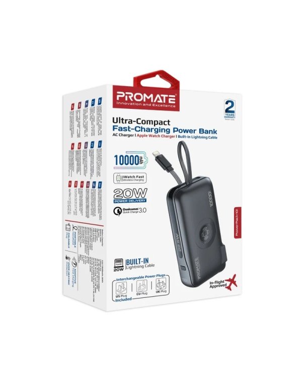 Promate PowerPack-10i Переносная зарядная батарея 22W / 10000mAh / USB-C / QC3.0 / iWatch 2,5W / 220V EU/US/UK