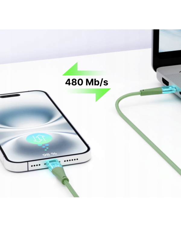 Qualo QTCN-CL-04 Transparent Nylon Kабель USB-C - Lightning / 12W / 1.5m / зеленый