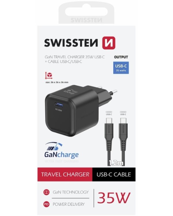 Swissten 3арядное устройство GaN USB-C 35W PD + Kабель для передачи данных USB-C - USB-C 1.2m