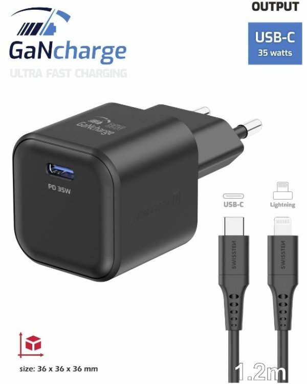 Swissten 3арядное устройство GaN USB-C 35W PD + Kабель для передачи данных USB-C - Lightning 1.2m