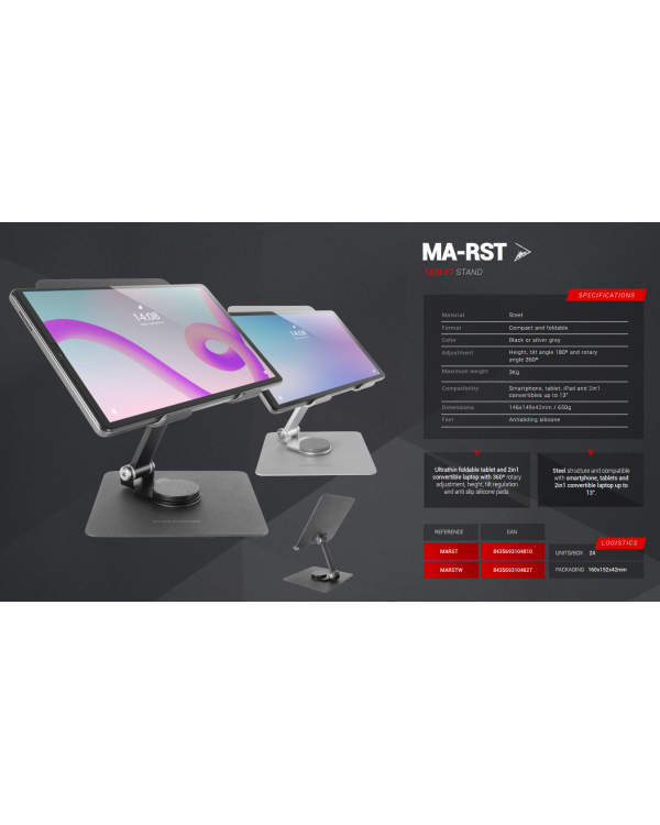 Mars Gaming MA-RST 2in1 Подставка из алюминиевого сплава для планшетов 360°/ 13 дюймов / Серебряная