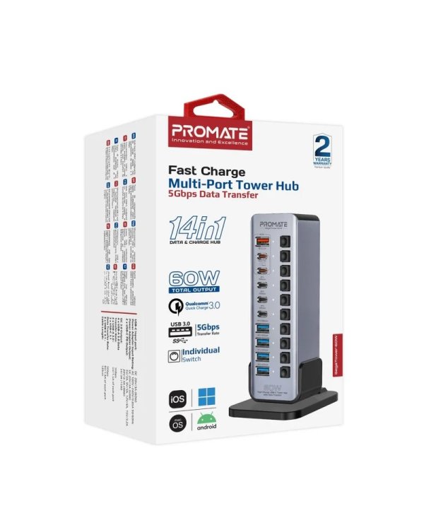 PROMATE GegaTower-60W Multiport Tower Hub 14-in-1 60W / QC3.0 / PD48W / USB 3.1 5Gbps