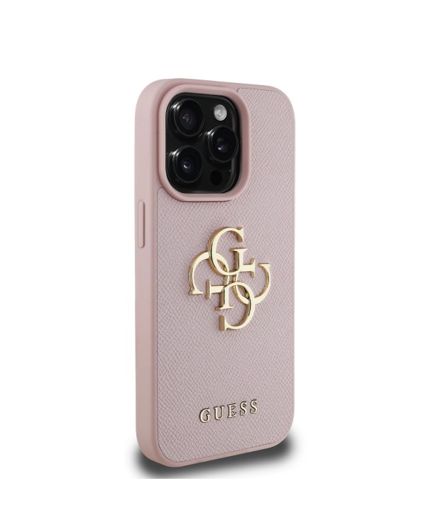 Guess PU Grained 4G Metal Logo Case Защитный чехол для iPhone 15 Pro / розовый