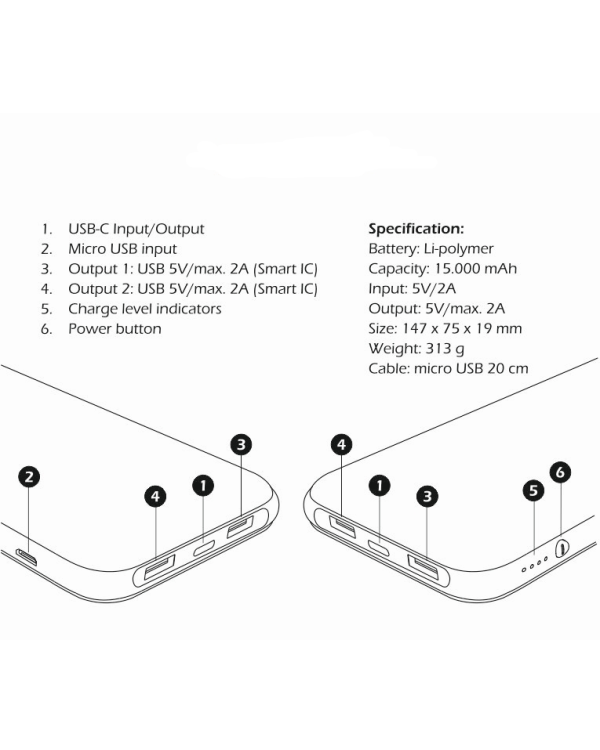 Swissten Black Core Premium Power Bank Переносная зарядная батарея 2A / USB / USB-C / 15000 mAh