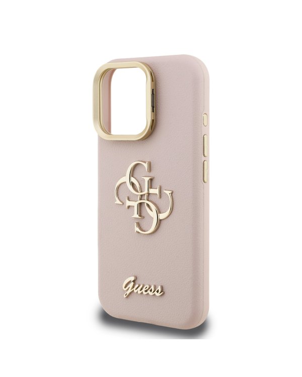 Guess PU Grained 4G Logo Stand Camera Frame Case Защитный чехол для iPhone 15 Pro Max / розовый
