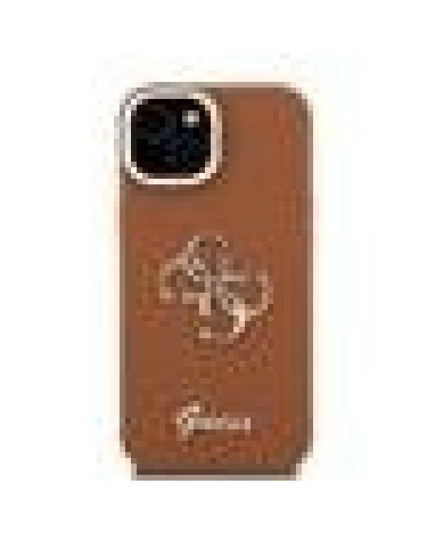 Guess PU Grained 4G Logo Stand Camera Frame Case Защитный чехол для iPhone 14 / коричневый