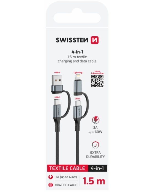 Swissten 4in1 Textile 3A Data Кабель 1.5m