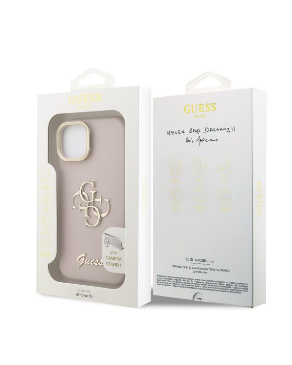 Guess PU Grained 4G Logo Stand Camera Frame Case Защитный чехол для iPhone 15 / розовый