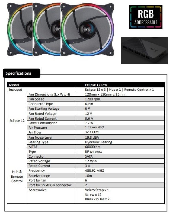 Aerocool Eclipse 12 PRO ARGB 12cm Комплект кулеров для компьютера с дистанционным управлением