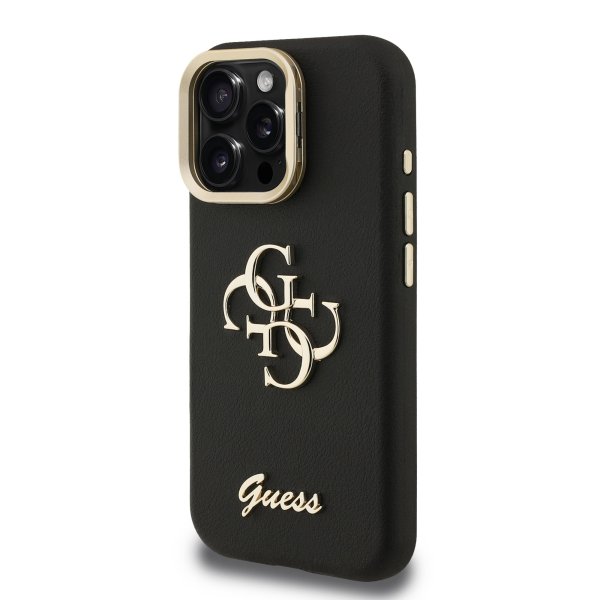 Guess PU Grained 4G Logo Stand Camera Frame Case Защитный чехол для iPhone 15 Pro Max / чёрный
