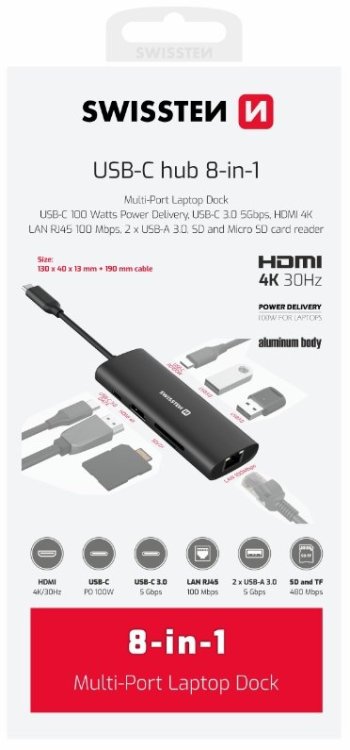 Swissten 8in1 USB-C Hub Алюминий USB-C 100W / HDMI 4K / LAN RJ45 / 2x USB-A / USB-C / SD / MICRO SD