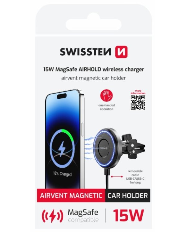 Swissten Airhold Магнитный автомобильный держатель с беспроводным зарядным устройством 15W / 7.5W (совместим с MagSafe)