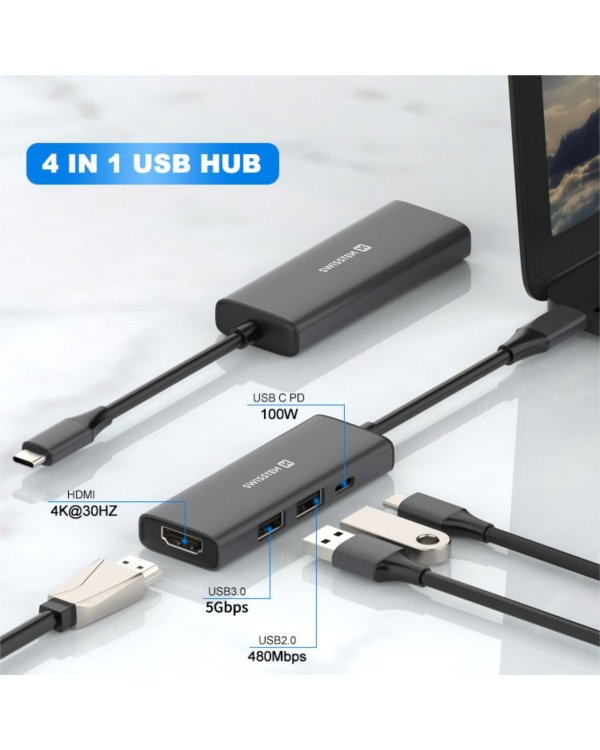 Swissten 4in1 USB-C Hub Многопортовая док-станция 100W / HDMI 4K / 2x USB-A