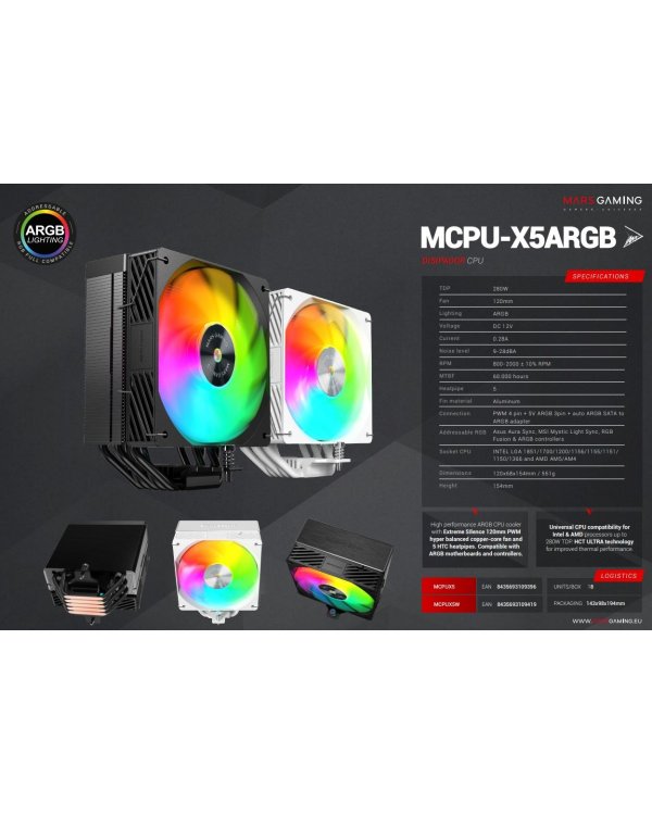 Mars Gaming MCPUX5ARGB Кулер для процессора 240W TDP / ARGB