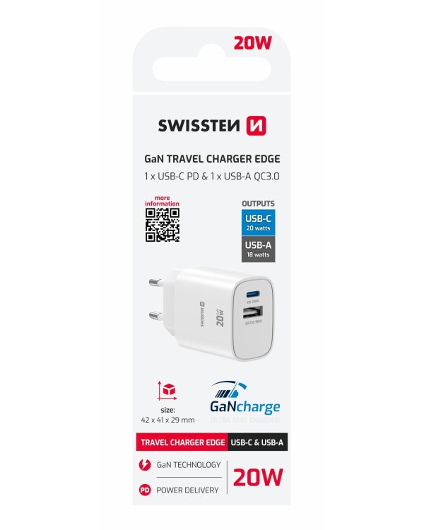 Swissten Edge GaN Зарядное устройство USB-C PD 20W + USB-A 18W QC