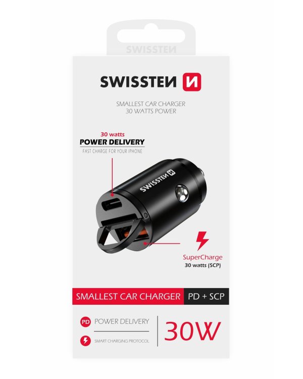 Swissten 30W Nano Металлический адаптер для автомобильного зарядного устройства с 30W PD / SCP