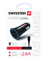 Swissten Автомобильная зарядка 12 - 24V / 1A+ 2.1A + кабель Lightning 1.2m