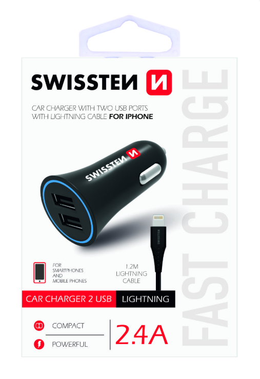 Swissten Автомобильная зарядка 12 - 24V / 1A+ 2.1A + кабель Lightning 1.2m