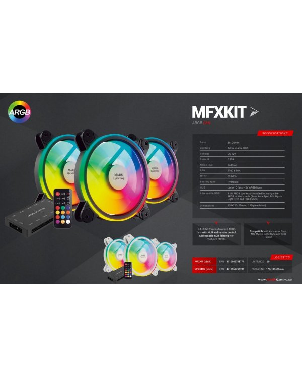 Mars Gaming MFXKIT ARGB 12cm Комплект кулеров для компьютера с дистанционным управлением