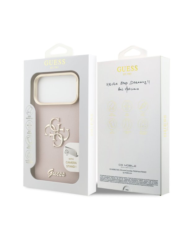 Guess PU Grained 4G Logo Stand Camera Frame Case Защитный чехол для iPhone 17 Pro Max / розовый