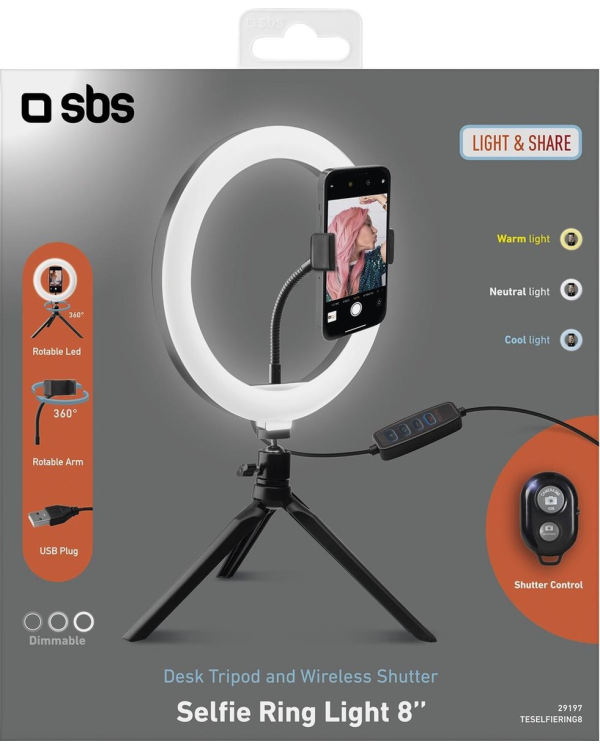 SBS TESELFIERING8 Подставка для телефона с 8-дюймовым светодиодным кольцевым светильником и штативом