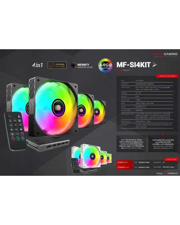 Mars Gaming MFSI4KIT Комплект 4x вентиляторов для ПК 120мм ARGB