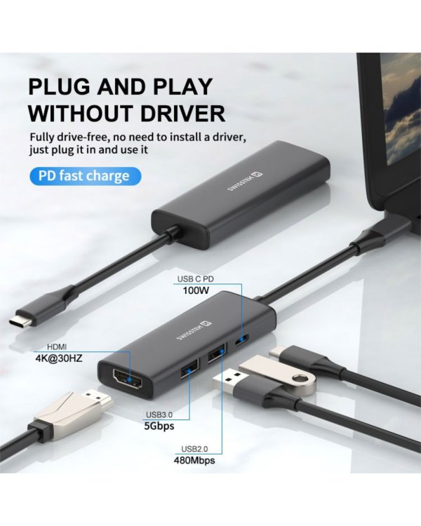 Swissten 4in1 USB-C Hub Многопортовая док-станция 100W / HDMI 4K / 2x USB-A