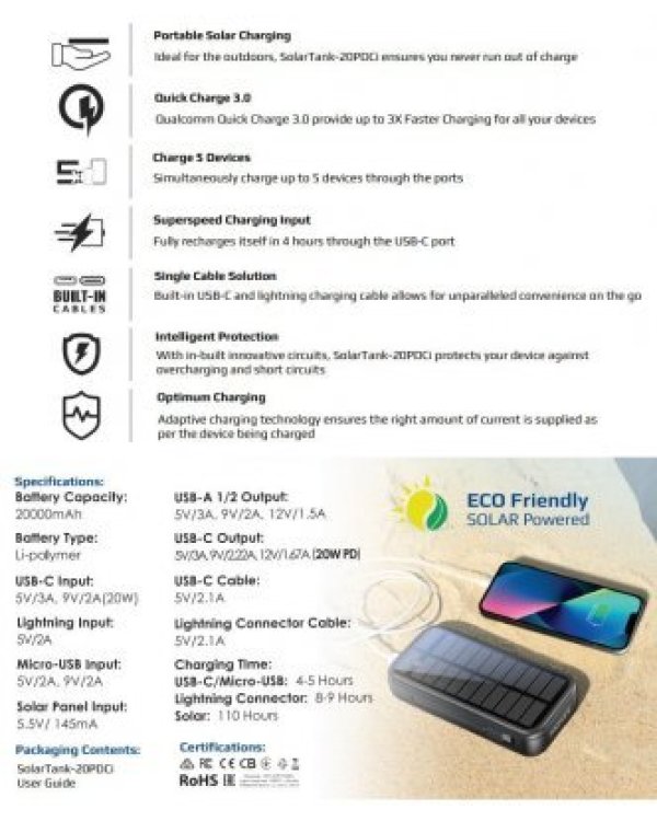 Дополнительное изображение книги «PROMATE SolarTank-20PDCi EcoLight™ Solar Переносная зарядная батарея 20000 mAh / QC3.0 / PD20W / Lightning / microUSB»