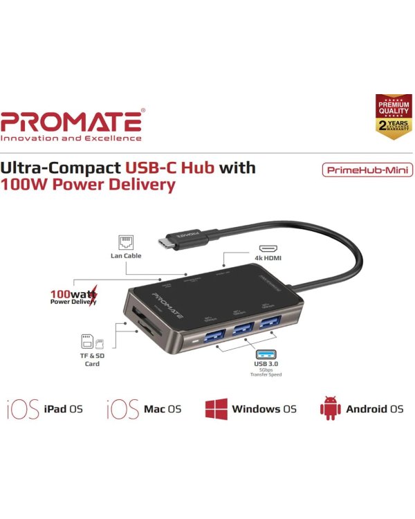PROMATE PrimeHub-Mini 8in1 USB-C Hub HDMI 4K / LAN / PD 100W / SD / 3x USB 3.0