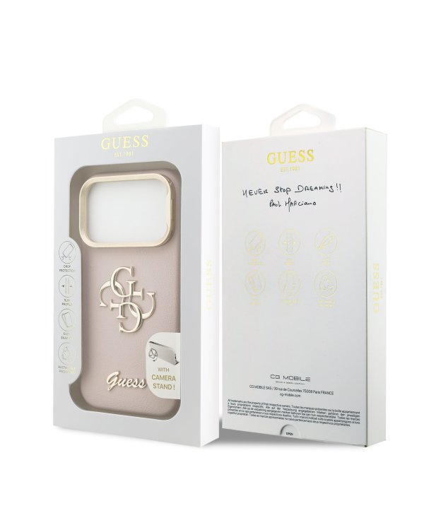 Guess PU Grained 4G Logo Stand Camera Frame Case Защитный чехол для iPhone 17 Pro / розовый