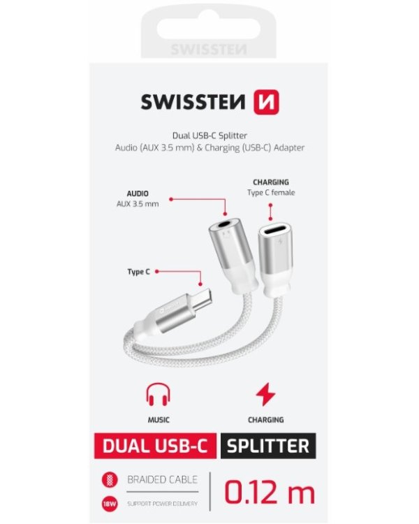 Swissten Textile USB-C / USB-C / Aux 3.5mm Charging Audio Адаптер 0.12m