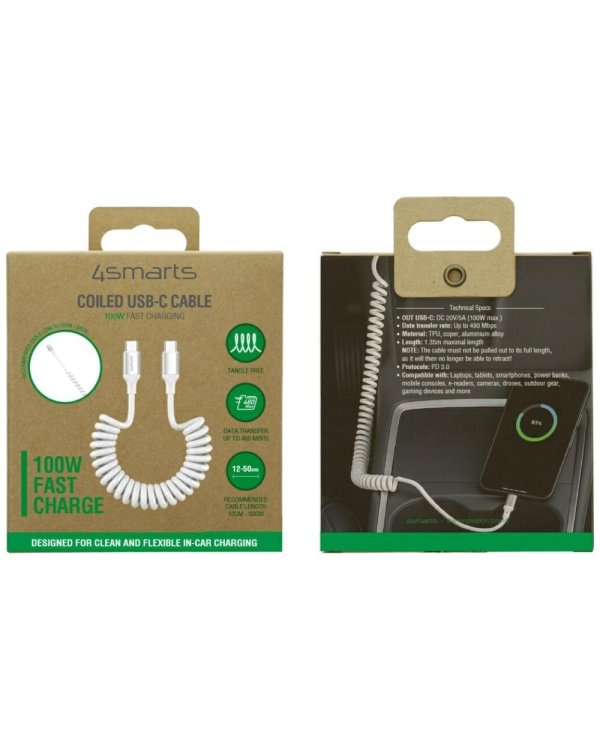 4smarts USB-C Спиральный кабель для передачи данных и зарядки 1.35m / 100W / белый