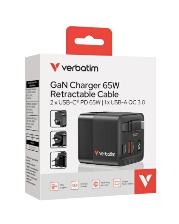 Verbatim 32217 GaN Зарядка 65W 2x USB-C / USB-A + Aдаптер