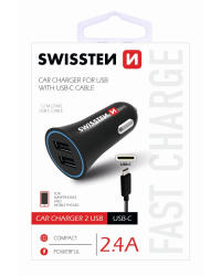 Swissten Автомобильная зарядка 12 / 24V / 1A+ 2.1A + кабель USB-C 1m