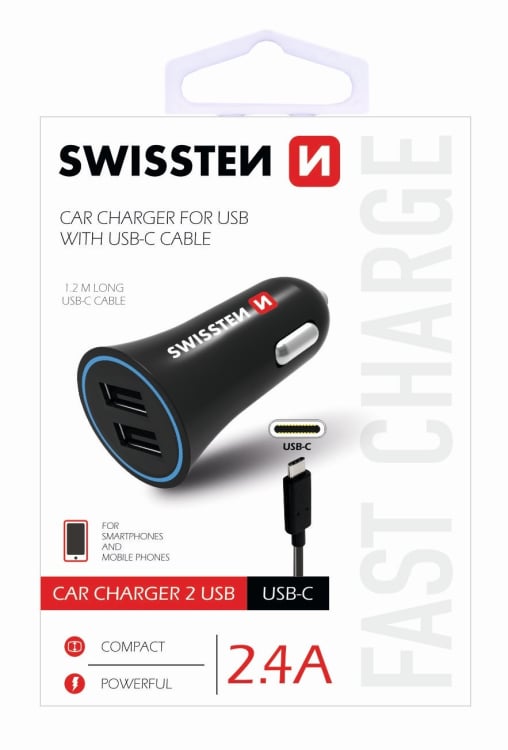 Swissten Автомобильная зарядка 12 / 24V / 1A+ 2.1A + кабель USB-C 1m