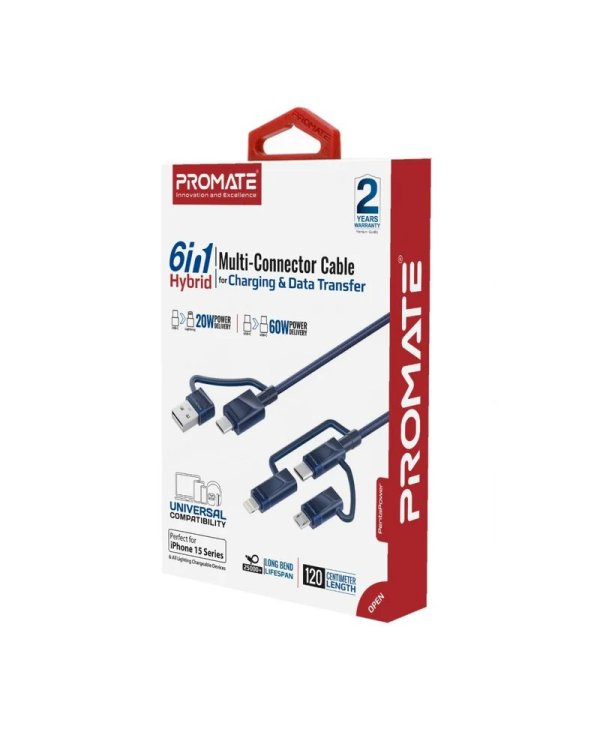 Promate PentaPower Универсальный кабель 6-в-1 USB-C(A) / micro / Lightning / 1,2m