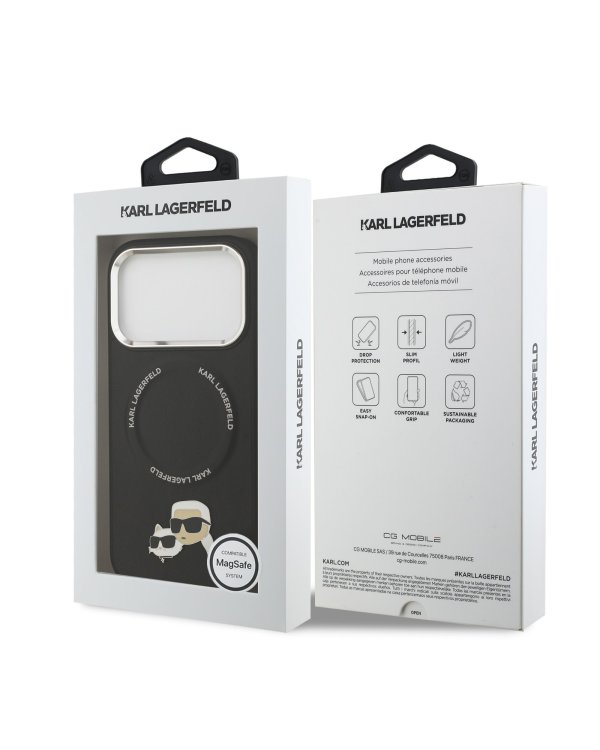 Karl Lagerfeld PU Karl and Choupette Heads Pins MagSafe Case Защитный чехол для iPhone 17 Pro Max / чёрный