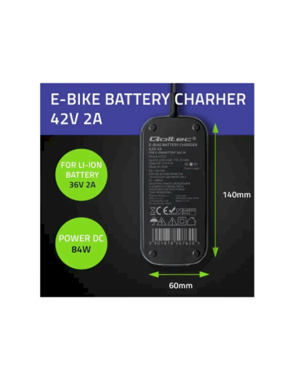 Qoltec 50762 Зарядное устройство для электровелосипеда 36V / 42V / 2A