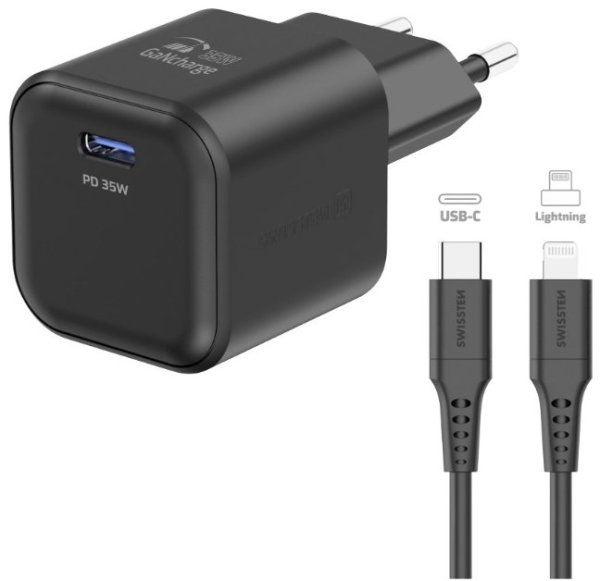 Swissten 3арядное устройство GaN USB-C 35W PD + Kабель для передачи данных USB-C - Lightning 1.2m