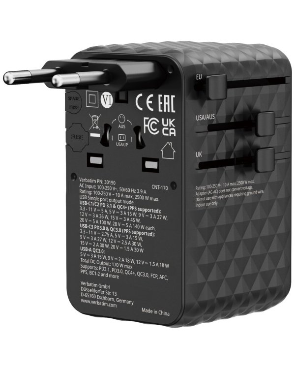 Verbatim Travel Adapter Адаптер EU / UK / US / 2x USB-A / 3x USB-C 70W