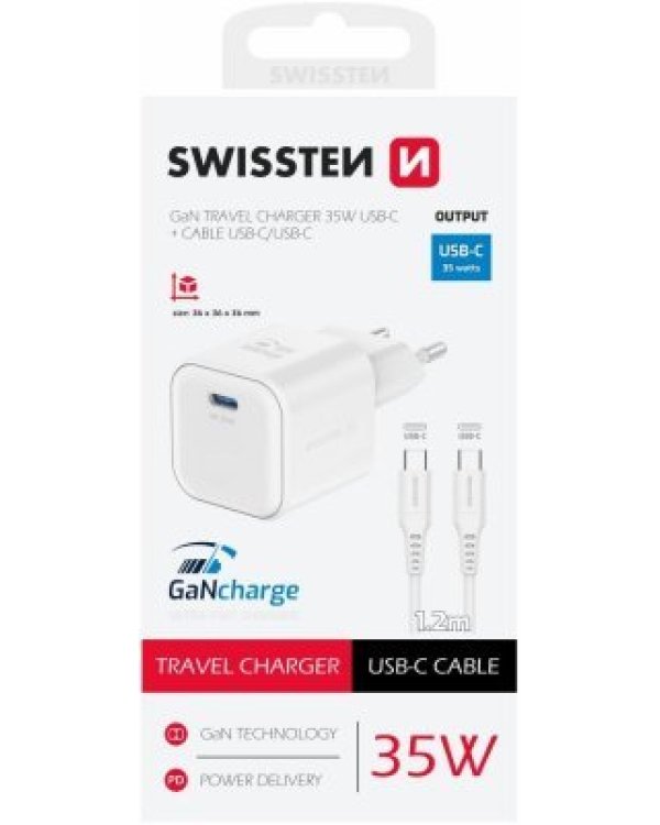 Swissten 3арядное устройство GaN USB-C 35W PD + Kабель для передачи данных USB-C - USB-C 1.2m