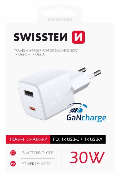 Swissten GaN Mini зарядное устройство USB-C / USB / PD 30W