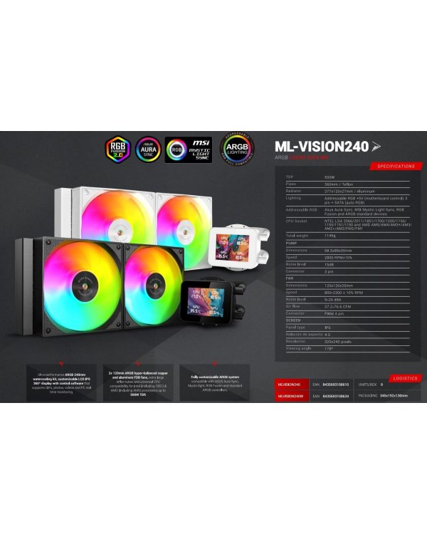 Mars Gaming MLVISION240 Liquid Cooling System with 360º LCD / TDP up to 500W