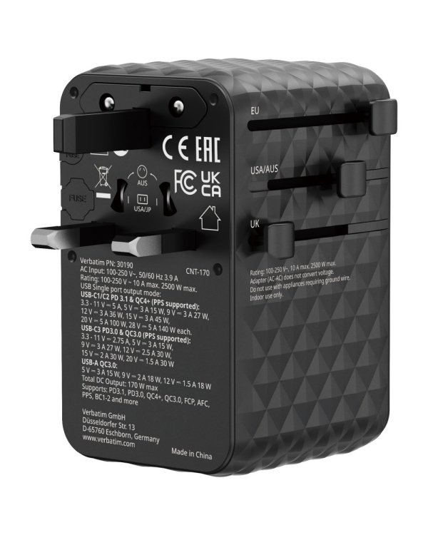 Verbatim Travel Adapter Адаптер EU / UK / US / 2x USB-A / 3x USB-C 70W