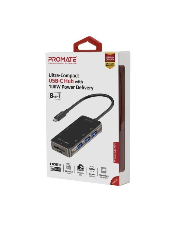 PROMATE PrimeHub-Mini 8in1 USB-C Hub HDMI 4K / LAN / PD 100W / SD / 3x USB 3.0