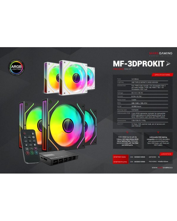 Mars Gaming MF3DPROKITW ARGB 120mm Комплект кулеров для компьютера с дистанционным управлением